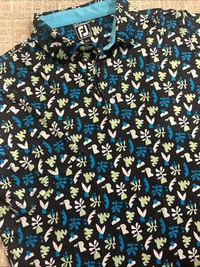 FootJoy XL Black Polo with Blue, Green and White Botanical Print Athletics Fit